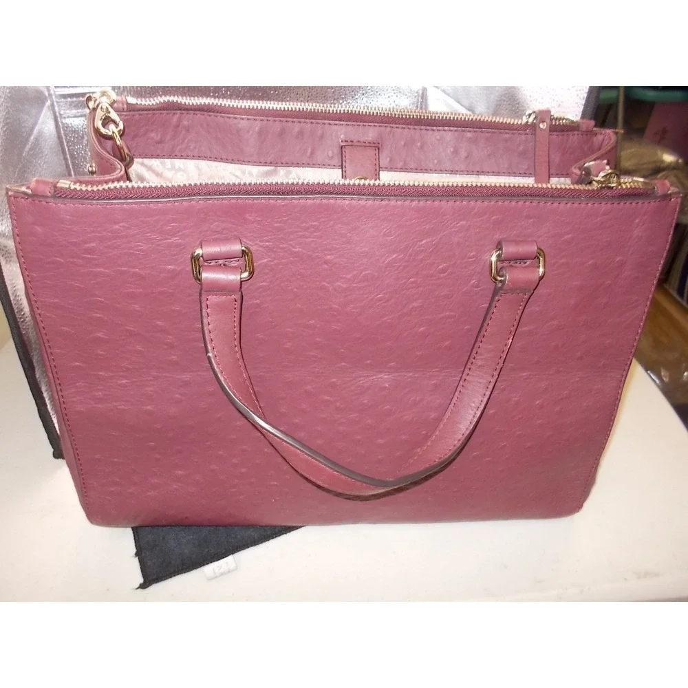 Kate Spade Ostrich Embossed Leather Satchel Burgundy Triple Zip Handbag